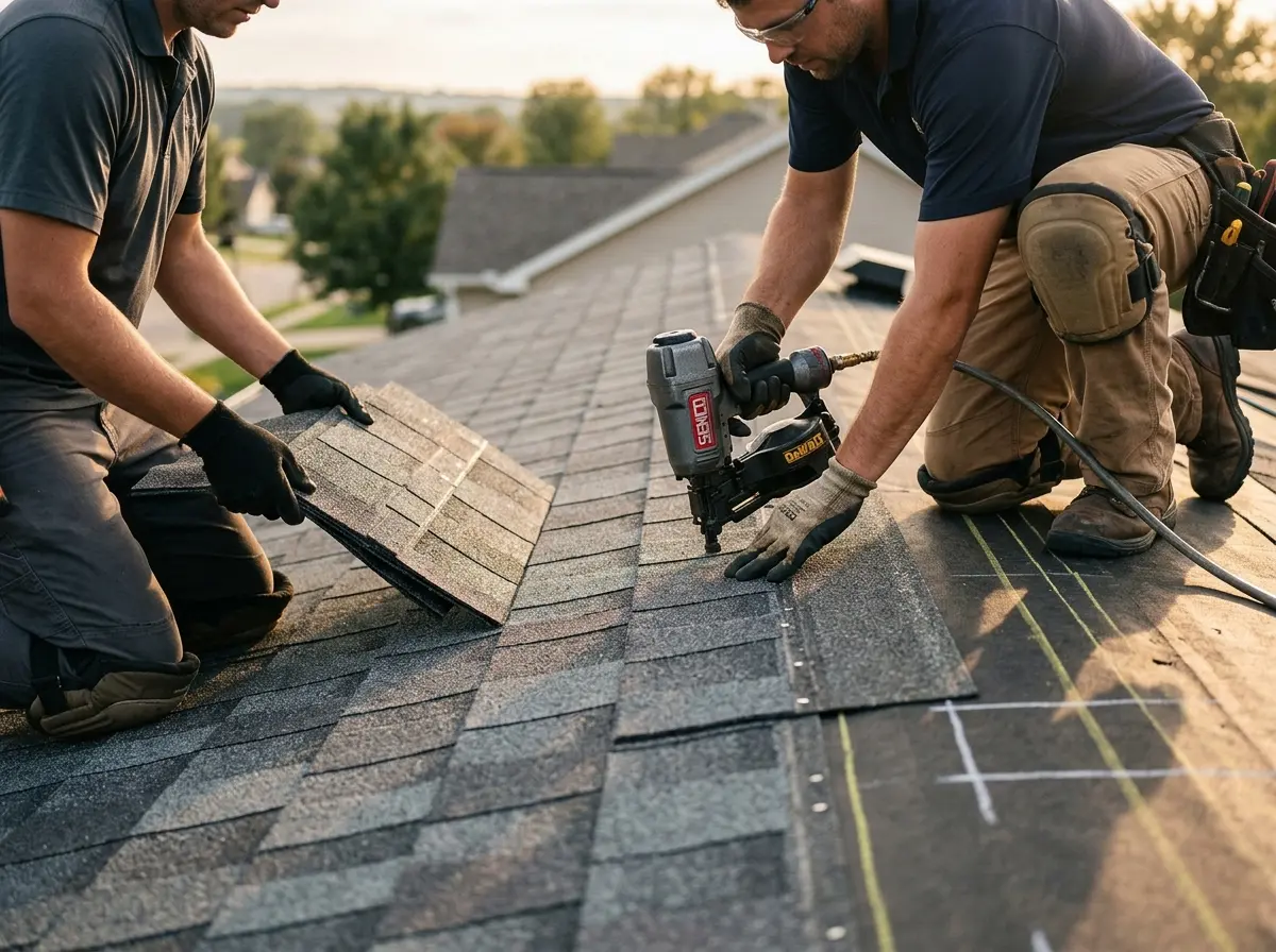 Professional roofer working on a residential roof in Palm Tree